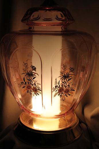 rose glow pink glass bedside table lamp w/ lighted base, 80s vintage 