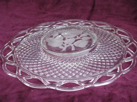 rose intaglio center lace edge Imperial glass plate, 50s-60s vintage