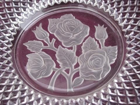 rose intaglio center lace edge Imperial glass plate, 50s-60s vintage