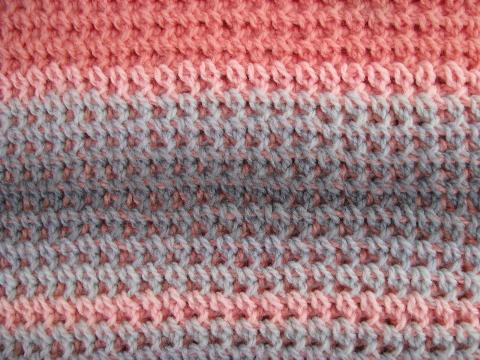 rose-pink / grey, vintage crochet afghan lap blanket throw