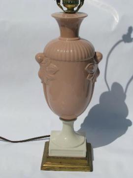 rose-pink & ivory china table lamp w/ brass finial, 1950s vintage