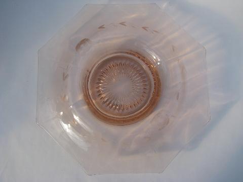 roses and laurel, vintage pink depression glass octagon glass flower bowl