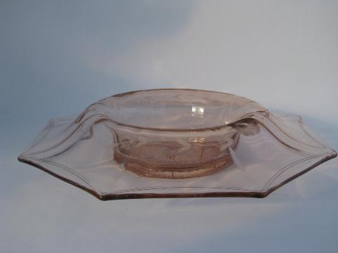 roses and laurel, vintage pink depression glass octagon glass flower bowl