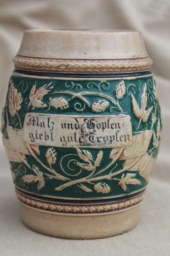 rough old stoneware beer stein, tavern cup w/ motto in German