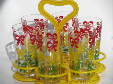 rows of bows swanky swigs, vintage glass tumblers set, plastic glasses rack