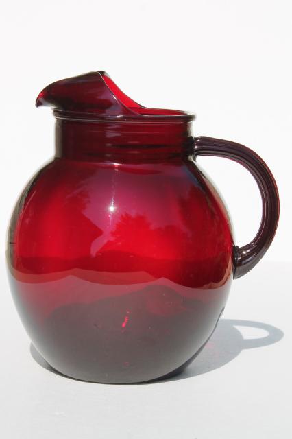 royal ruby red glass pitcher, vintage Anchor Hocking glass round ball pitcher