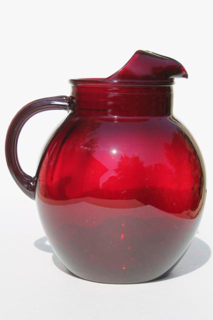 royal ruby red glass pitcher, vintage Anchor Hocking glass round ball pitcher