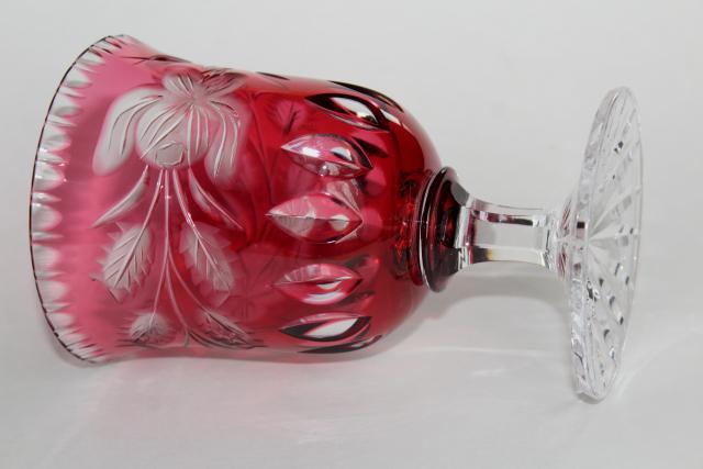 ruby cut to clear crystal glass goblet vase or spooner, moss rose and leaf pattern