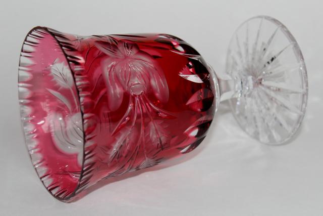 ruby cut to clear crystal glass goblet vase or spooner, moss rose and leaf pattern