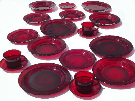 ruby red Arcoroc glass dishes, plates, cups, soup bowls
