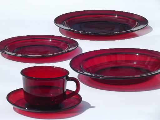ruby red Arcoroc glass dishes, plates, cups, soup bowls