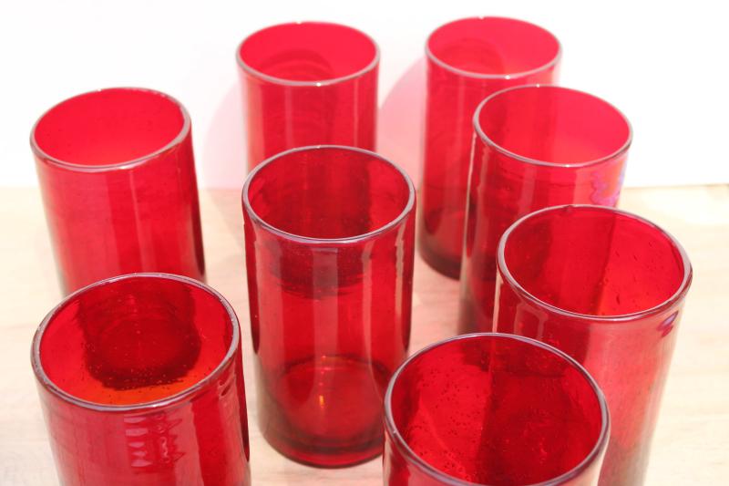 ruby red bubble glass, set of 8 big tumblers, drinking glasses or hurricane candle holders