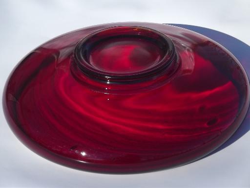 ruby red glass bowl, vintage Paden City glass rolled rim console bowl