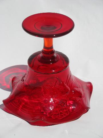 ruby red glass compote bowl w/ strawberry pattern, vintage Fenton?