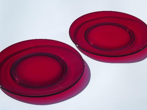 ruby red glass serving or dinner plates, vintage Duncan & Miller?