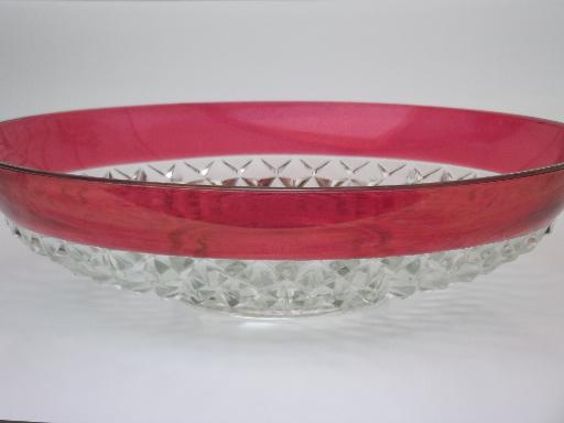 ruby stain diamond point glass salad or spaghetti bowl, vintage Indiana glass 