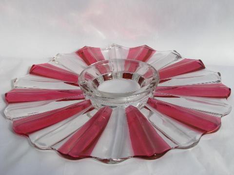 ruby stain pressed glass, vintage cake plateau or low footed torte plate