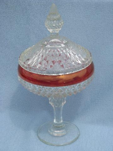 ruby stain red flash diamond point pattern glass, tray & candy dish