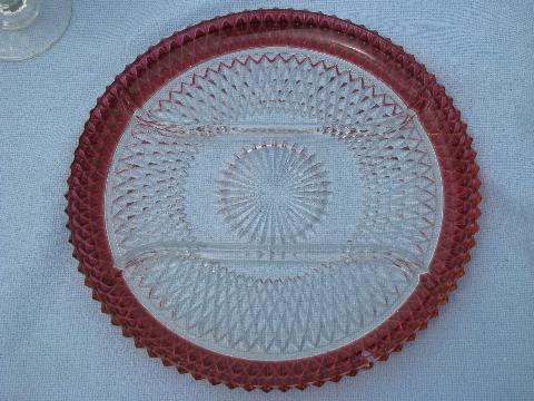 ruby stain red flash diamond point pattern glass, tray & candy dish