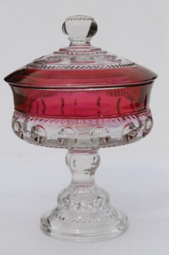 ruby stained glass King's Crown pattern candy dish, vintage Indiana glass