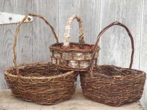 rustic baskets lot, woodland style bark & twig  woven wicker baskets