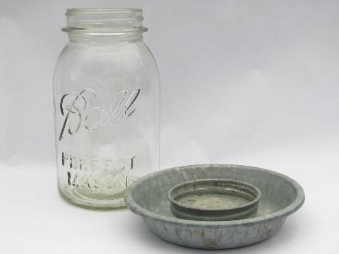 rustic chicken farm primitive, vintage chick waterer w/ old glass jar
