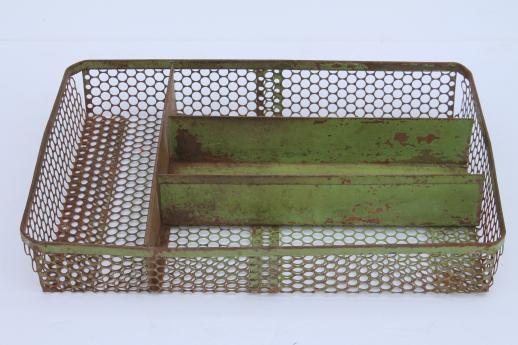 rustic industrial drawer divider tray, chicken wire punched metal - kitchen utensil / knife box