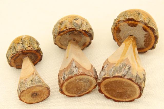 rustic old carved wood mushrooms w/tree bark, fairy garden mini chainsaw carving art