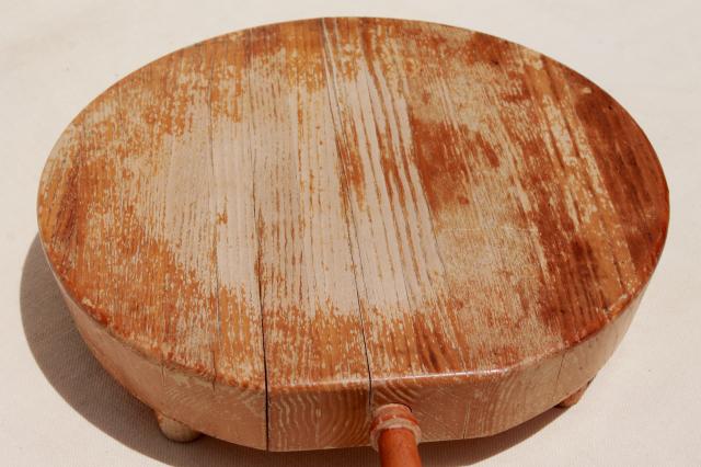 rustic rough round wood cheese or bread board, Nevco cutting board w/ wooden handle