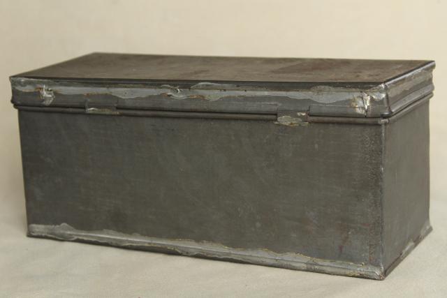 rustic storage box w/ hinged lid, vintage galvanized zinc metal industrial toolbox
