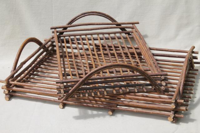 rustic twig trays w/ natural tree bark, serving tray set made in Spain