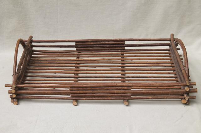 rustic twig trays w/ natural tree bark, serving tray set made in Spain
