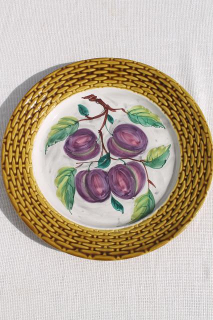 rustic vintage Italian ceramic serving plate, round platter tray w/ hand painted plums 