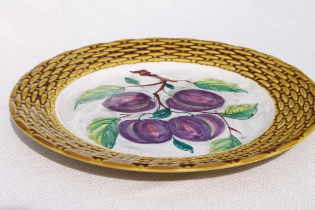 rustic vintage Italian ceramic serving plate, round platter tray w/ hand painted plums 