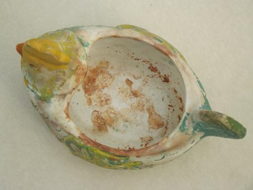 rustic vintage Mexican pottery chicken, yellow / turquoise painted hen