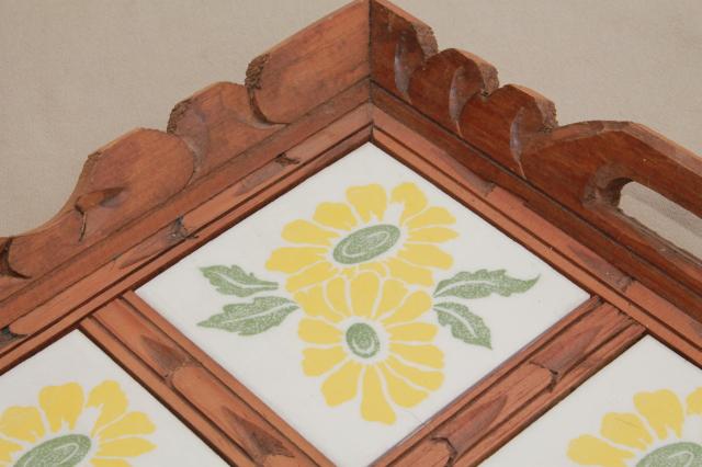 rustic vintage Mexican pottery sunflower tile tray, tiled tray w/ carved wood frame