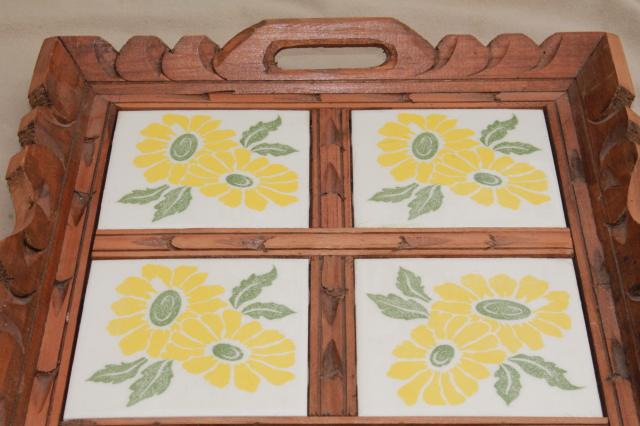 rustic vintage Mexican pottery sunflower tile tray, tiled tray w/ carved wood frame