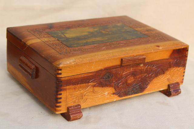 rustic vintage cedar wood keepsake boxes, shabby chic cottage print jewelry boxes