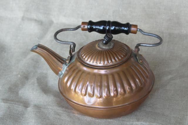 rustic vintage copper teakettle, old fashioned tea pot kitchen stove kettle