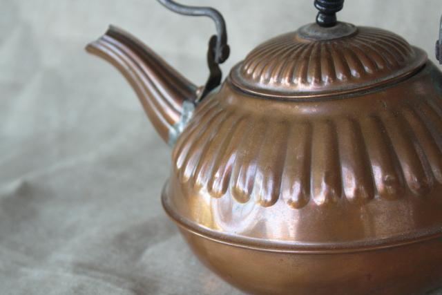 rustic vintage copper teakettle, old fashioned tea pot kitchen stove kettle