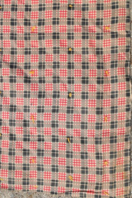 rustic vintage red plaid print cotton covered wool filled comforter or tied quilt
