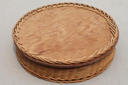 rustic vintage round wood bottomed basket tray w/ woven wicker frame
