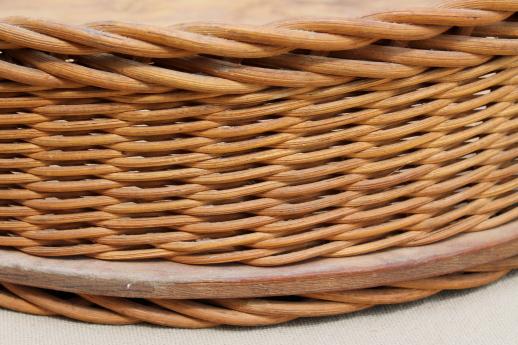 rustic vintage round wood bottomed basket tray w/ woven wicker frame