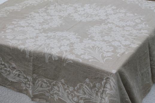 rustic vintage washed linen tablecloth, french brocante white daffodils jacquard on natural flax