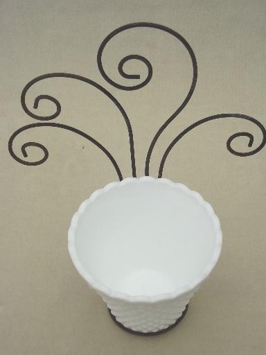 rustic vintage wire flower pot holder, pot rack w/ milk glass planter 