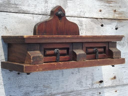 rustic vintage wood wall box shelf with drawers, handmade in Mexico