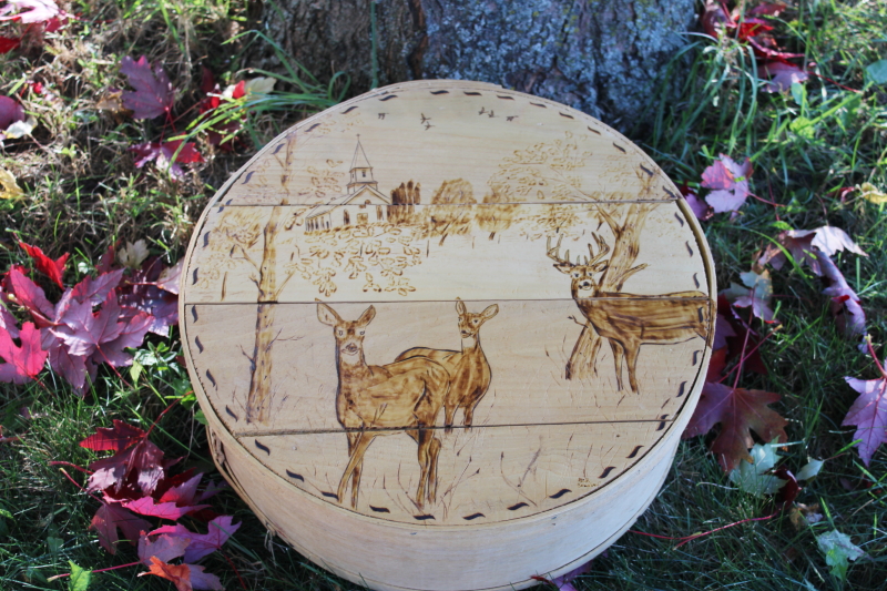 rustic wood cheese box Monroe Wisconsin artist woodburned pyrography art herd of deer