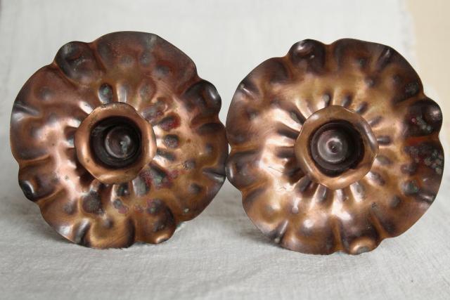 rustic wrought copper flowers, pair of vintage candle holders southwest style