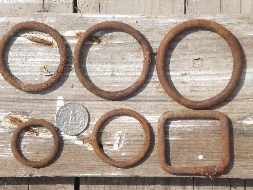 rusty old iron hardware lot, primitive antique harness rings collection