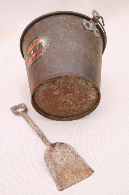 rusty old little bucket, primitive vintage sand pail & toy shovel